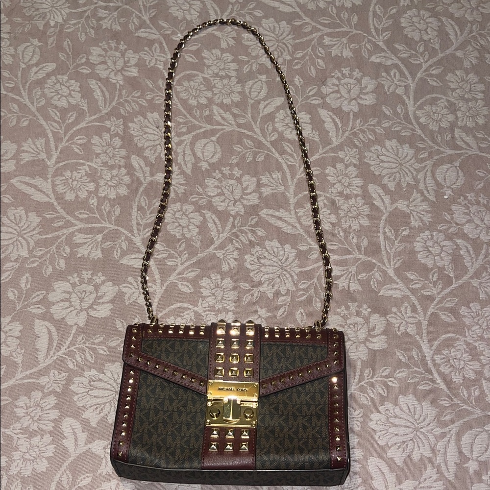 Michael Kors Brown Logo Crossbody with Gold Studs and Chain